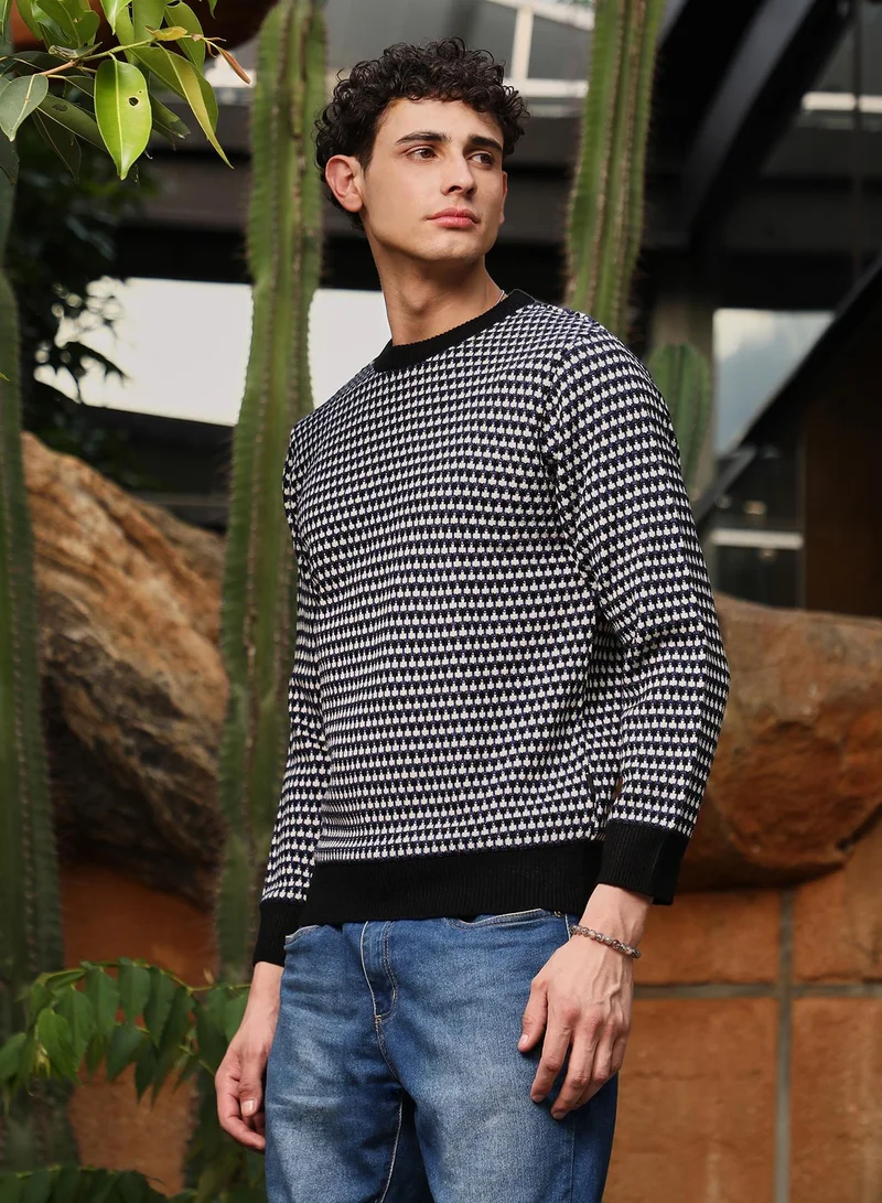 CAHOOT  Men's Onyx Black Contrast-Jacquard Knit Pullover Sweater | Round Neck , Ribbed Cuff Sleeves , Pull On Closure , Ribbed-Straight Hem | Abstract Jacquard For Casual & Daily Wear for Men | Best Price UAE